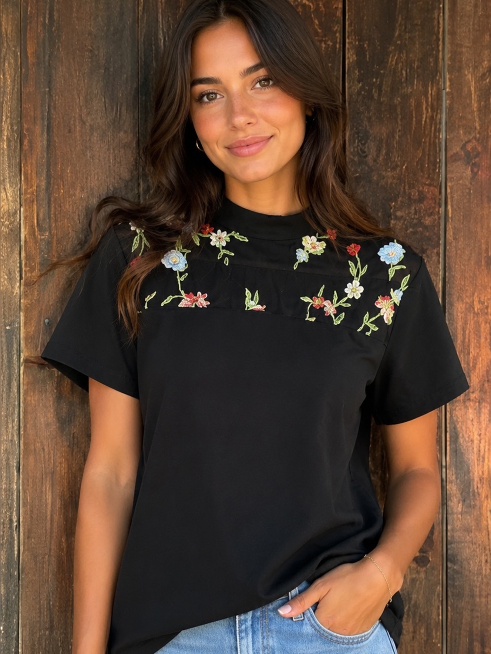 Shein Black Tie Neck Short Sleeve Blouse Mesh Floral Embroidered Back XS